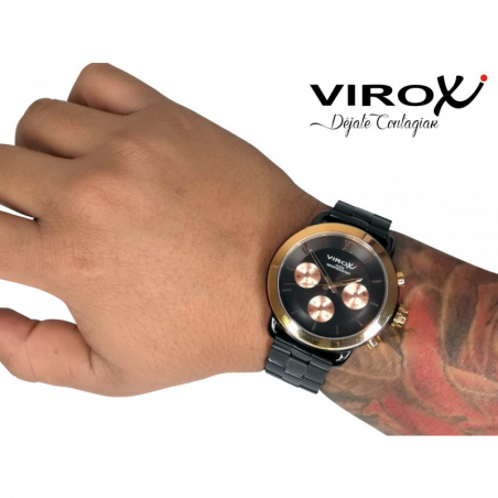 RELOJ VIROX MULTIFUNCIONAL DE HOMBRE NEGRO, BISEL ORO ROSA